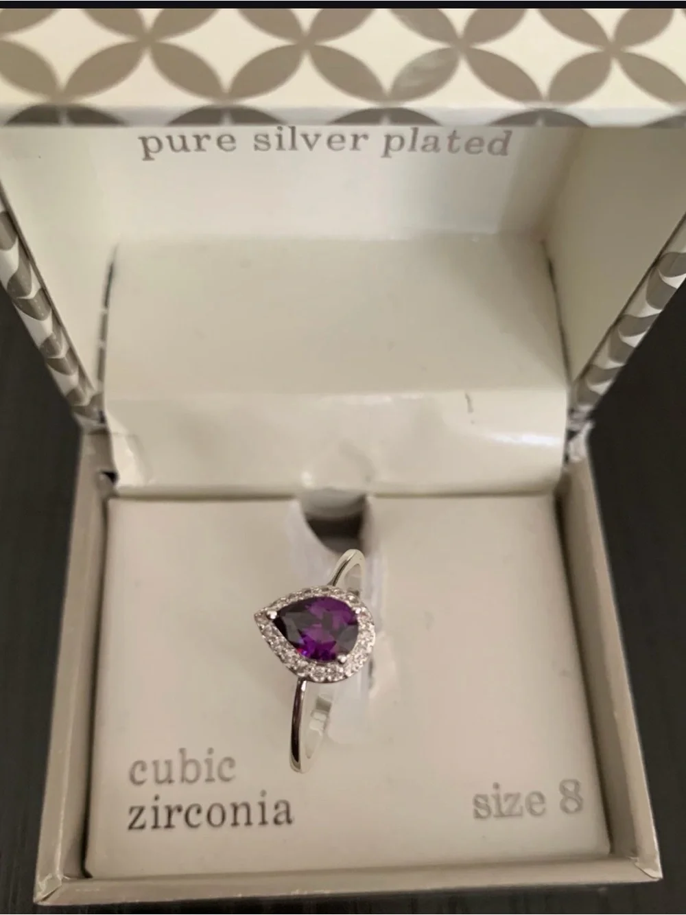 Silver-Plated Ring with Purple Teardrop Cubic Zirconia - Size 8